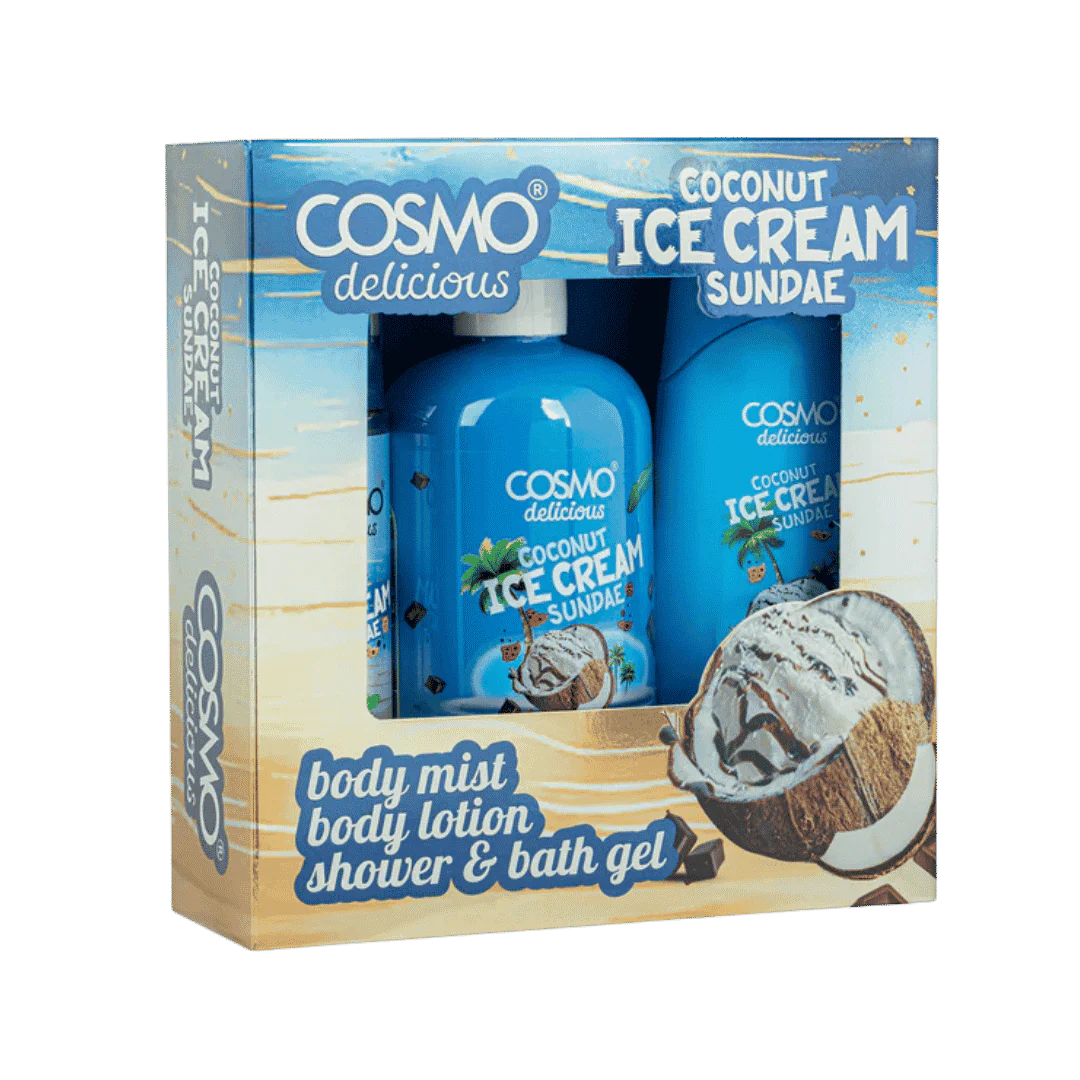Cosmo Coconut Ice Cream Sundae Body Mist Body Lotion Shower & Bath Gel | كوزمو مجموعة العناية بالجسم برائحة جوز الهند
