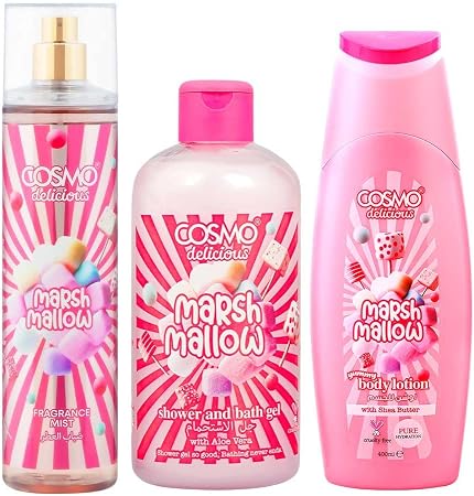 COSMO Marsh Mallow Cream Body Mist Body Lotion Shower & Bath Gel | كوزمو مجموعة العناية بالجسم برائحة المارشميلو
