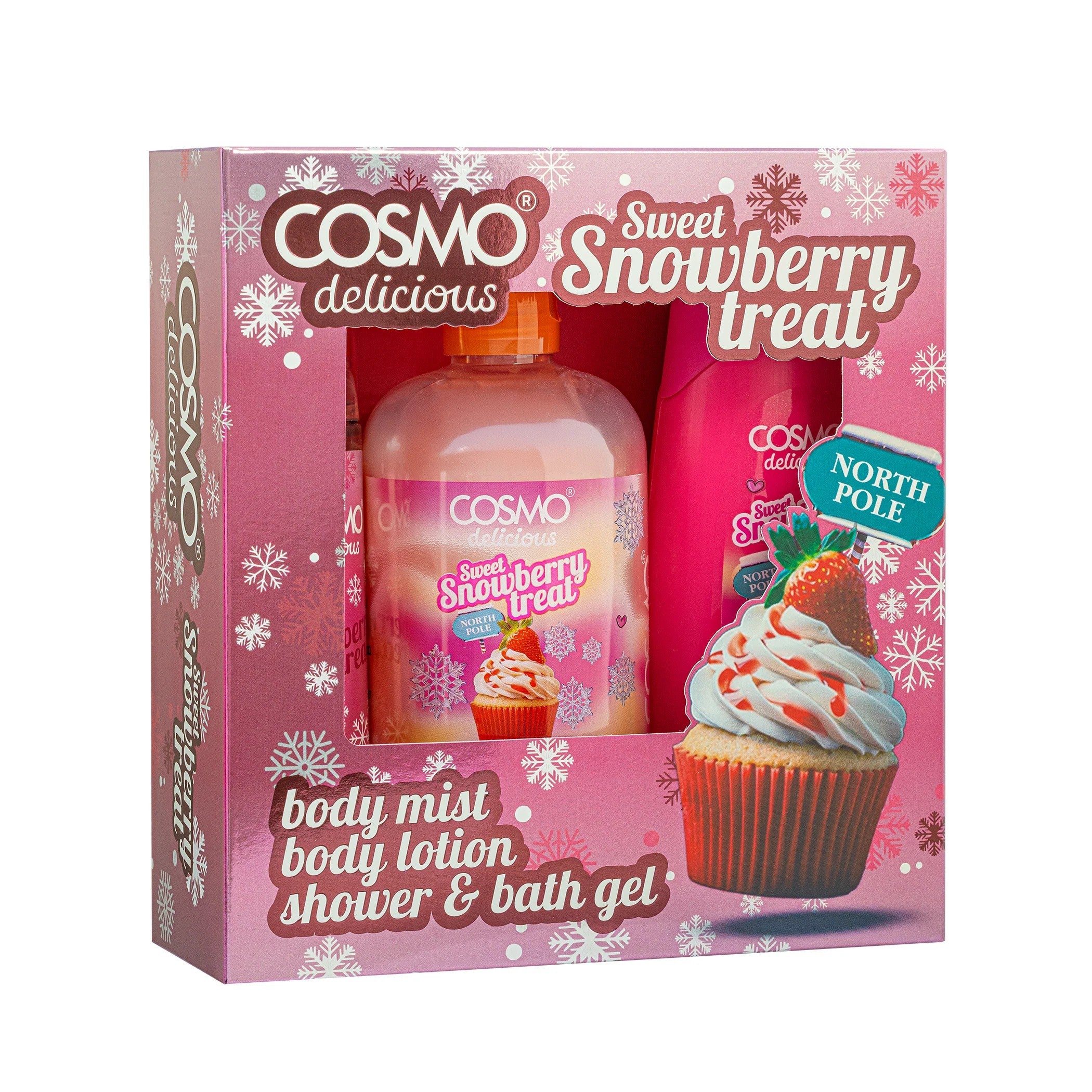 COSMO Delicious Sweet Snowberry Treat 3-Piece Set (Mist 150ml, Shower Gel 350ml, Body Lotion200ml) كوزمو مجموعة العناية بالجسم برائحة حلوى التوت الثلجي