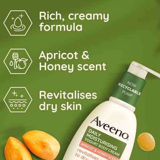 AVEENO Daily Moisturising Yogurt Body Cream Apricot & Honey | أفينو كريم ترطيب الجسم اليومي بالزبادي والمشمش والعسل 300 مل - EROS STORE