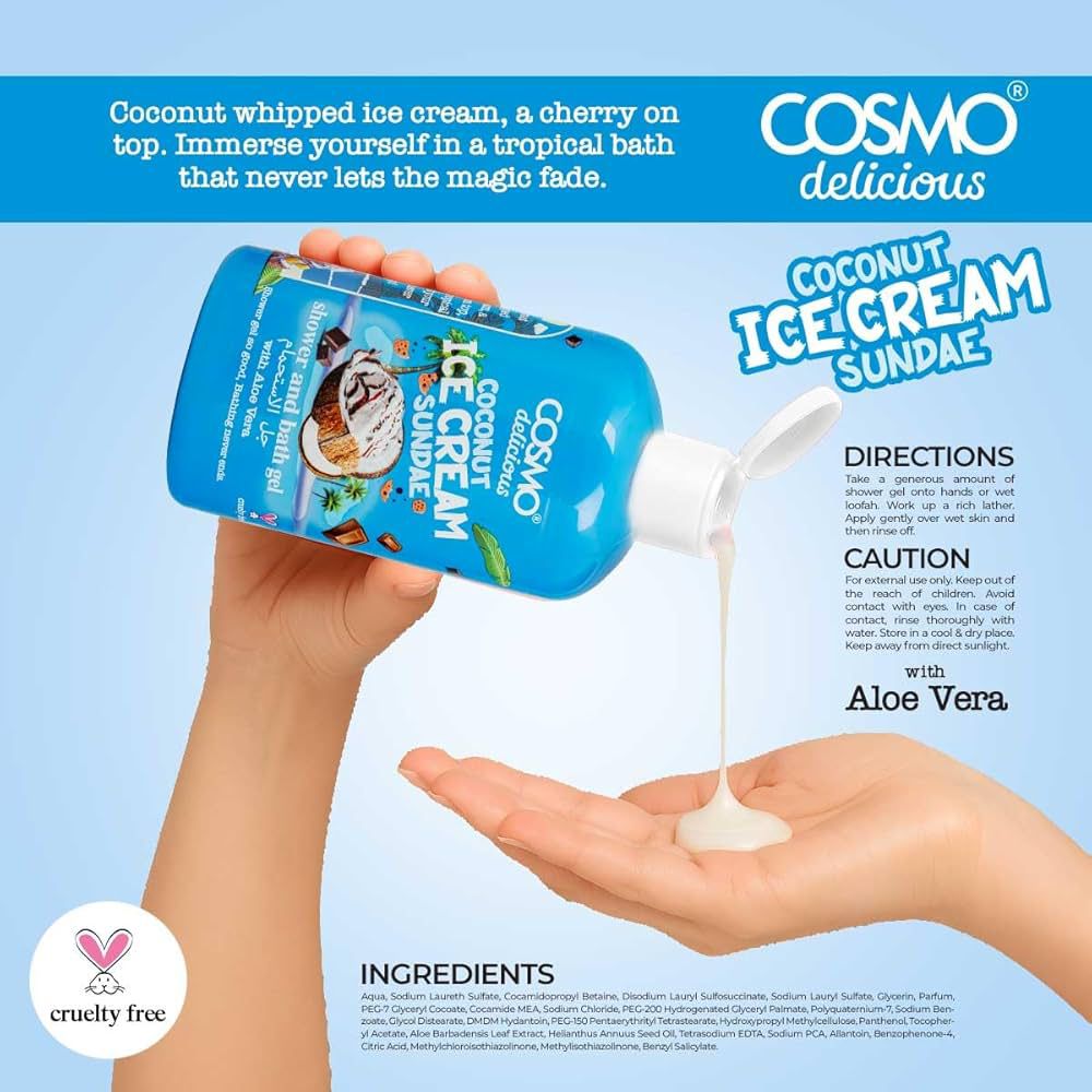 COSMO DELICIOUS COCONUT ICE CREAM SUNDAE SHOWER AND BATH GEL 500ml كوزمو غسول منظف ومرطب للجسم