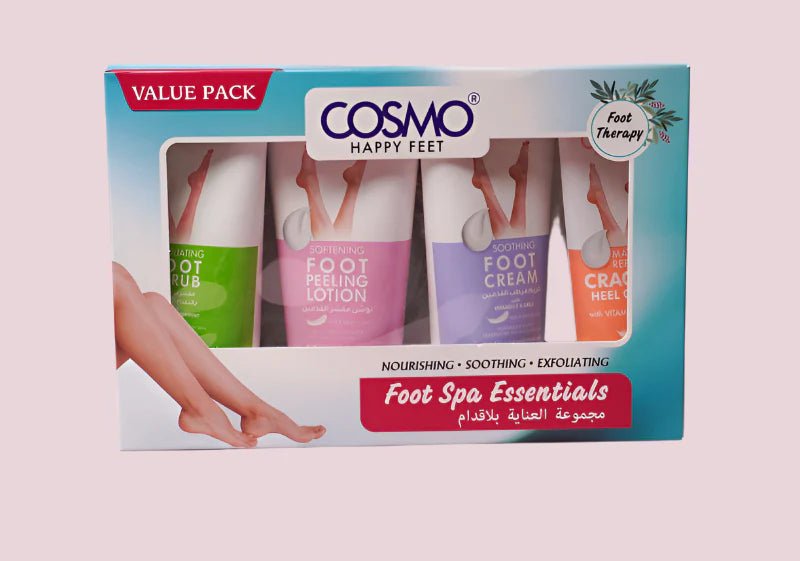 COSMO Foot Spa Essentials Nourishing Soothing Exfoliating 4pcs - 150x150x150x50ml | كوزمو مجموعة العناية بالأقدام 4 قطع - 150x150x150x50 مل - EROS STORE