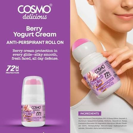 COSMO Berry Yogurt Cream Anti- Perspirant Roll On 72H - 50ml | مزيل عرق كوزمو كريم بنكهة التوت والزبادي مضاد للتعرّق لمدة 72 ساعة – 50 مل
